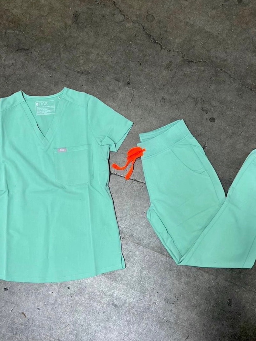 Figs Mint Scrub Top and Joggers with Orange Drawstring